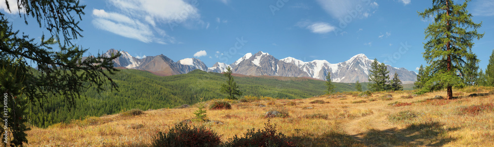 Altai Mountains on a summer morning, beautiful sky, panorama landscape