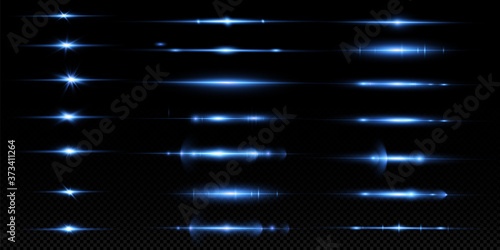 Blue horizontal lens flares pack. Laser beams, horizontal light rays. Glow transparent vector light effect set, explosion, shine, spark, 
