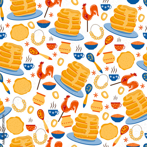 Seamless pattern for feast of Maslenitsa or Shrovetide, flat vector illustration.