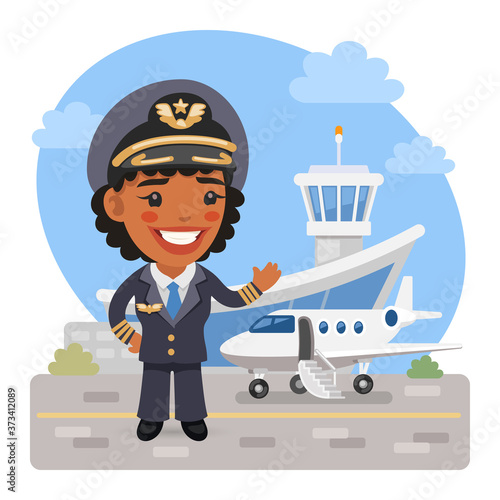 Cartoon Woman Airplane Pilot