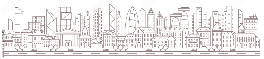 City panorama. History downtown against the backdrop of modern skyscrapers. Horizontal banner. Flat vector contour outline. Road street sidewalk. Parallax ready.
