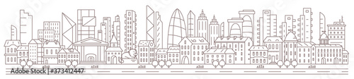 City panorama. History downtown against the backdrop of modern skyscrapers. Horizontal banner. Flat vector contour outline. Road street sidewalk. Parallax ready.