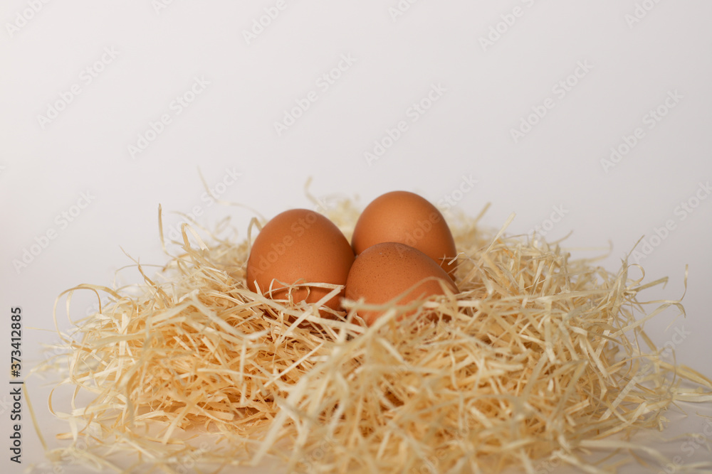 Chicken eggs lie in a straw on a white background Chicken eggs lie in a straw on a white background