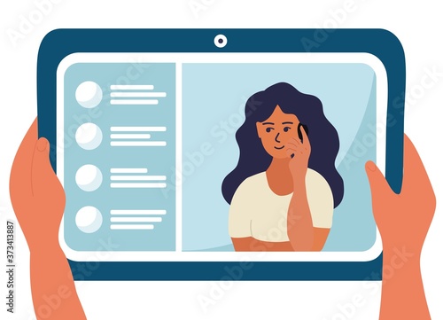 Young pretty woman is on the tablet device screen, conference video call vector illustration design. solve business problem. Human hand hold device and connect online communication. 