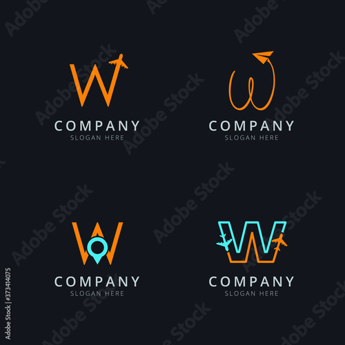 Initial W logo with travel elements in orange and blue color