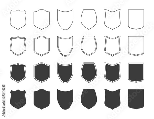 Shields badge icon set. Outline shield label, symbol of safety, power and protection, military or heraldic sign, shape template for logo flat vector black silhouette on white background