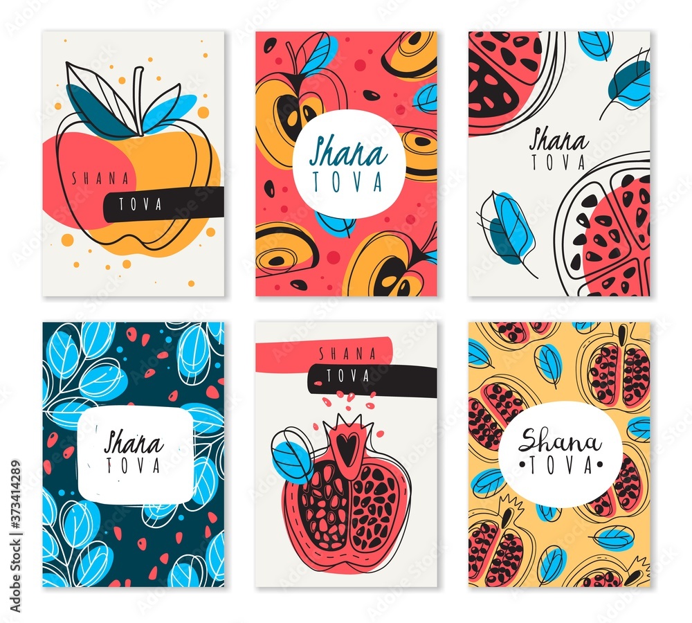 Shana tova. Blessing happy and sweet new year Rosh Hashanah postcards with jewish holiday symbols pomegranate, honey, apple vector cards Shana tova. Blessing happy and sweet new year Rosh Hashanah postcards with jewish holiday symbols pomegranate, honey, apple vector cards