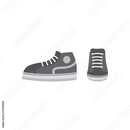 Grey cartoon pair of sneakers from front and side view isolated on white background.