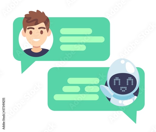 Chatbot character. Online helper chatting with man, virtual robot answers questions by customer, device screenshot with speech bubbles, dialog help service flat vector concept