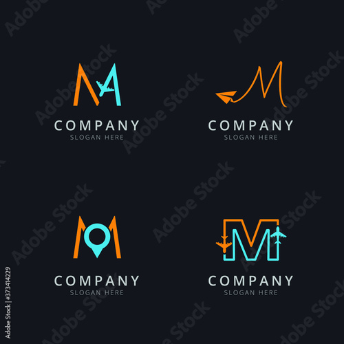 Initial M logo with travel elements in orange and blue color