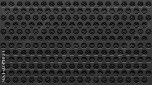 Metal black perforated background with hexagonal holes.