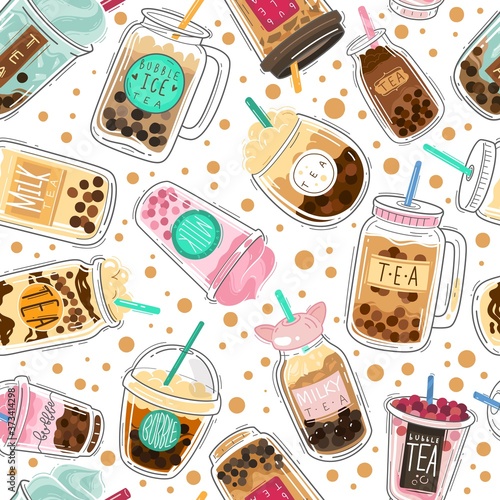 Bubble tea seamless pattern. Taiwanese boba with tapioca balls, pearl milk tea, asian popular cold drink design textile, wrapping paper, wallpaper vector texture on white background