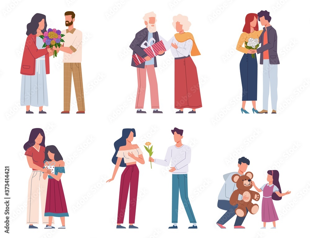 Man giving flowers. Young and elderly giving bouquets, romantic admirers present floral gift valentine day or birthday, holiday congratulate and surprise characters flat vector set
