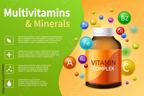 Vitamin complex. Realistic plastic bottle with multivitamins, minerals and flying bubbles, vitamins balls advertising poster vector healthcare background with copy space
