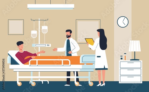 Hospital room. Doctor in uniform and nurse provide medical care patient in intensive therapy ward lying on bed, consultation and diagnosis aid interior healthcare flat vector concept