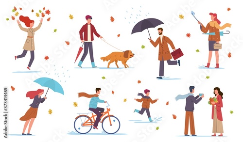 People in autumn. Men, women and kids walk in fall season with umbrellas in rain among yellow leaves and puddles, riding bicycle, walking with dog, vector flat isolated set