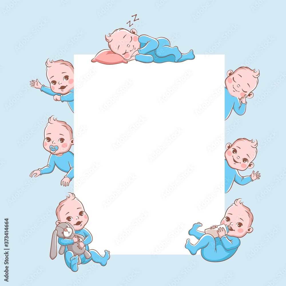 Newborn children banner. Cute cartoon baby frame, infant blond smiling toddler in blue clothes in different poses. Happy newborn child vector illustration isolated on white background Newborn children banner. Cute cartoon baby frame, infant blond smiling toddler in blue clothes in different poses. Happy newborn child vector illustration isolated on white background