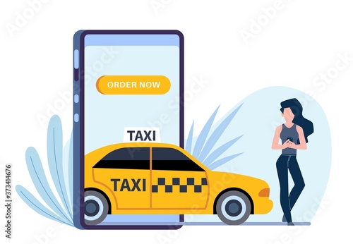 Online taxi. Woman calls automobile through application in smartphone, phone screen and girl ordering yellow car, flat vector cartoon concept