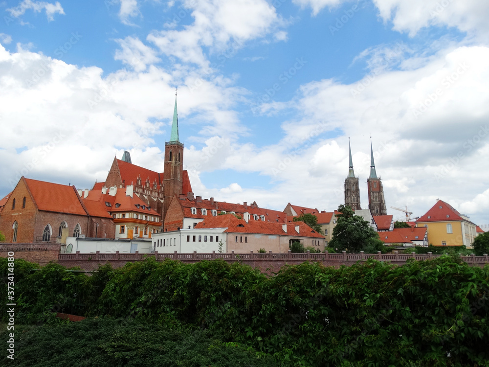 Panoramic view of Wroclaw old city, Poland. Wroclaw city lies on the banks of the River Oder in the Silesian Lowlands of Central Europe.