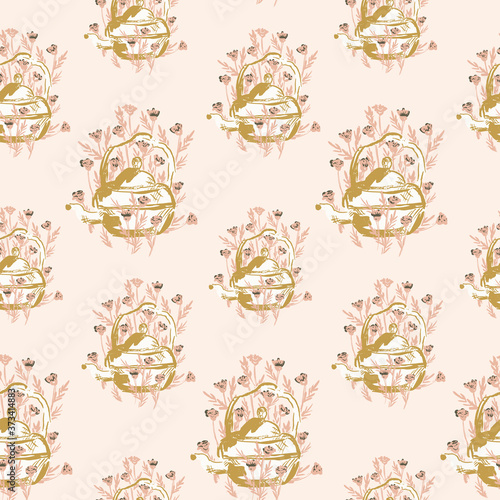 Garden teapot seamless vector pattern. Painted teapot in yellow and white in a pink wild floral garden. Cute pastel kitchen pattern. Great for home decor, fabric, wallpaper, stationery, design project