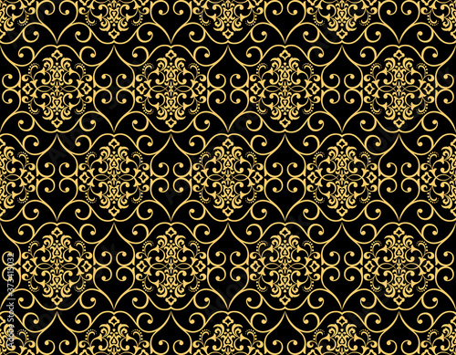 Wallpaper in the style of Baroque. Seamless vector background. Black and gold floral ornament. Graphic pattern for fabric, wallpaper, packaging. Ornate Damask flower ornament