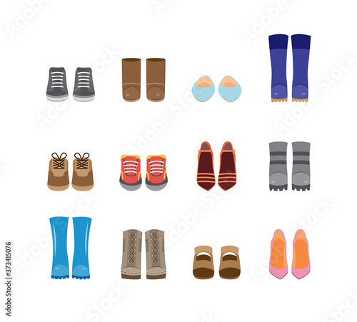 Set of cartoon fashion boots and shoes icons, flat vector illustration isolated.