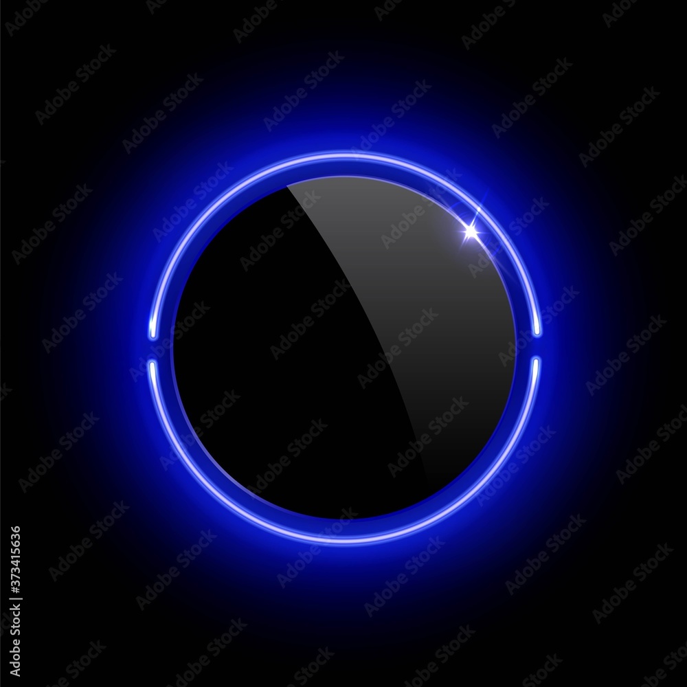 Realistic glossy plastic button with blue neon circle frame Realistic glossy plastic button with blue neon circle frame