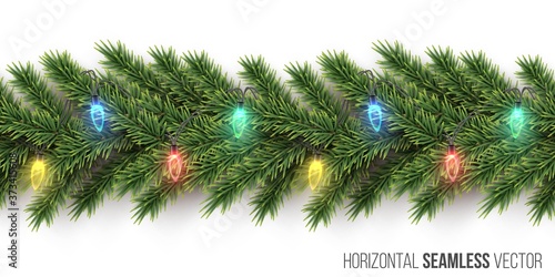 Fir branch with light bulb garland horizontal seamless pattern on white background. Vector Christmas and New Year background