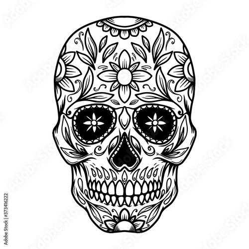 Illustration of mexican sugar skull. Design element for logo, emblem, sign, poster, card, banner. Vector illustration