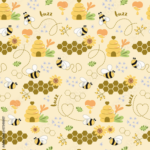 Sweet honey seamless pattern Cute bees, tasty healthy honey, bee hive, flower, honeycomb Vector background