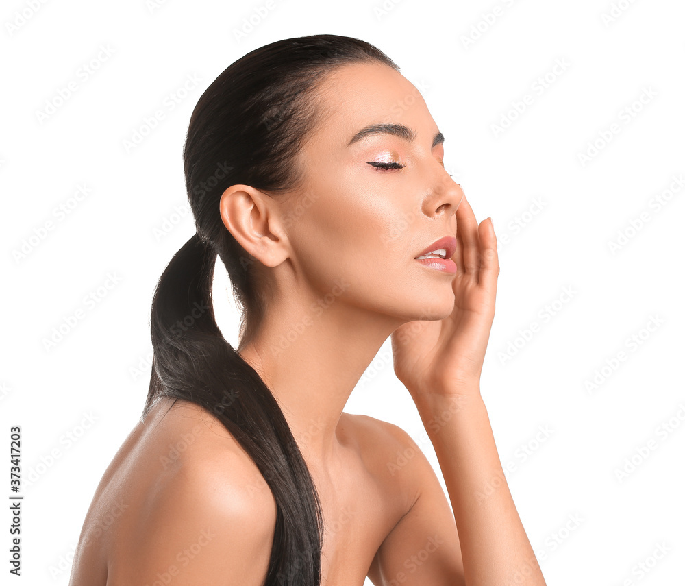 Young woman with beautiful eyeshadows on white background Young woman with beautiful eyeshadows on white background