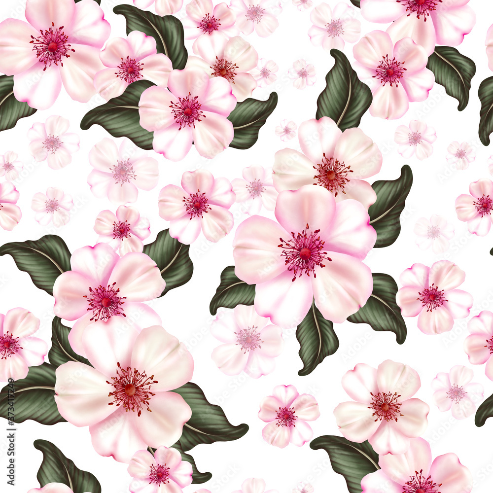 Japanese cherry blossom seamless pattern with pink flowers and green leaves. 