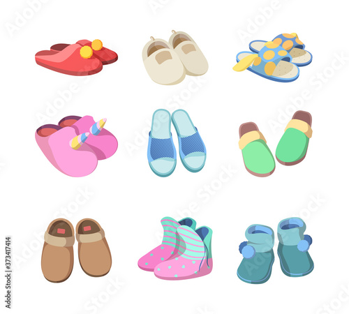 Footwear colored. Textile soft slippers hotel room accessories fashioned comfort home sandals for man and woman vector. Illustration soft footwear, comfortable shoe slippers