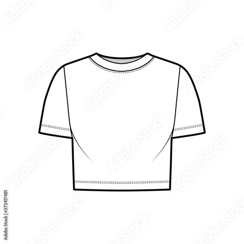 Cropped cotton-jersey t-shirt technical fashion illustration with scoop neck, short sleeves, relax fit. Flat outwear apparel template front, white color. Women, men, unisex top CAD mockup. 