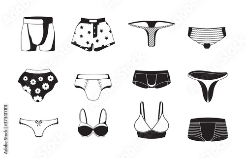Underwear silhouettes. Male and female panties fashioned lingerie vector symbols of clothes. Illustration lingerie panties, underwear clothes