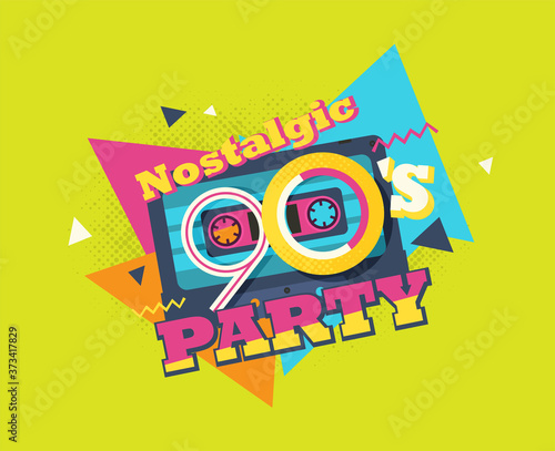 Party time The 90s style label. Vector illustration retro background