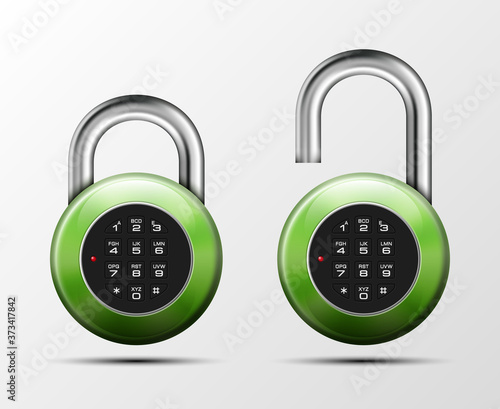 realistic open & close padlock. Steel Mechanical Combination lock. Privacy illustration Enter the PIN code. Electronic lock icon. Reliable Protection badge. Code combination open & close symbol