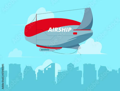 Dirigible in sky. Flying airship in clouds concept travel background illustration. Dirigible airship, transportation travel flight aircraft