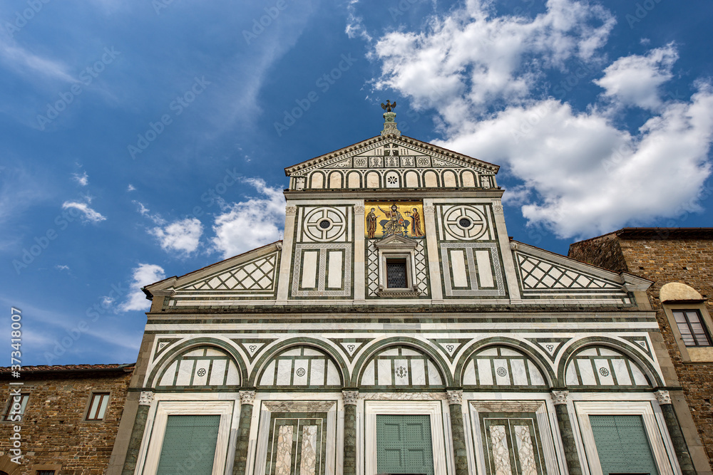 Florence. Facade of the famous Basilica of San Miniato al Monte in Florentine Romanesque style (1013 - XII century). UNESCO world heritage site, Tuscany, Italy, Europe
