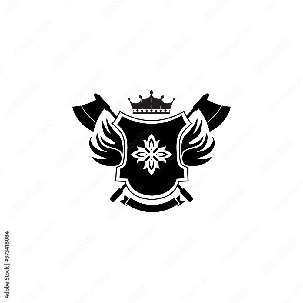 Heraldic shield badge with crown symbol and crossed axes. Heraldic shield badge with crown symbol and crossed axes.