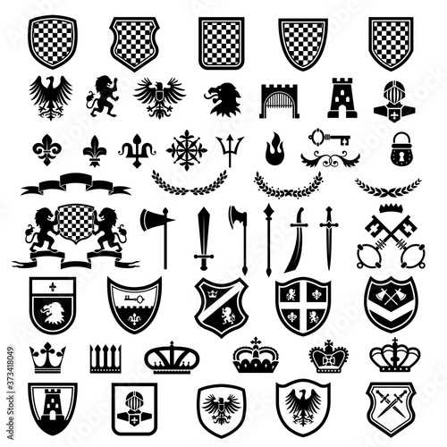 Medieval badges. Heraldic emblems collection with silhouettes of ribbons knight weapons lions crowns swords vector set. Badge and medieval, shield heraldic royal, insignia heraldry illustration