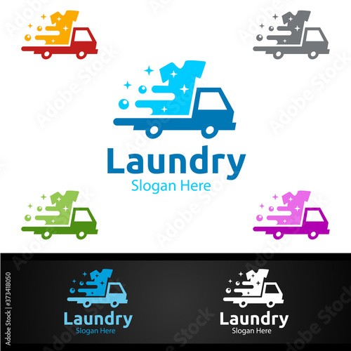 Delivery Laundry Dry Cleaners Logo with Clothes, Water and Washing Concept