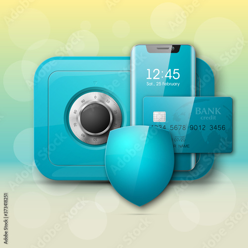 Guarded Smartphone, credit card, safe banner. Reliable Protection advertising poster phone, bank card, strongbox icon. Communicator PDA. Hendy Plastic card. Shield banking money icon.Debit card chip