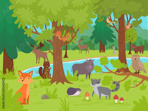 Fototapeta Naklejka Na Ścianę i Meble -  Animals in forest background. Wild cute happy animals living and playing in forest glade with big trees vector illustration. Animal forest, bear, fox and deer, woodland nature