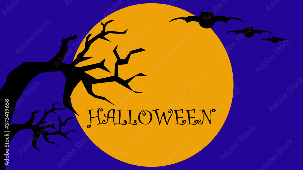 halloween night, full moon, black tree and bats with purple background vector illustration 