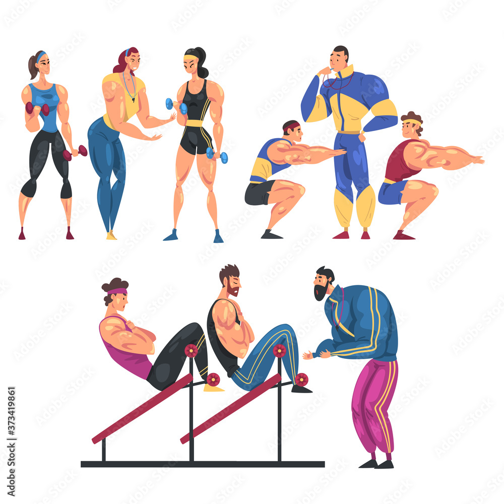People Training in Gym Set, Men and Women Doing Physical Workout with Their Personal Trainers, Healthy Lifestyle Concept Cartoon Style Vector Illustration