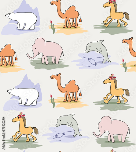 Animal seamless pattern for childrens clothing, linens.. Cute little anamals vector illustration