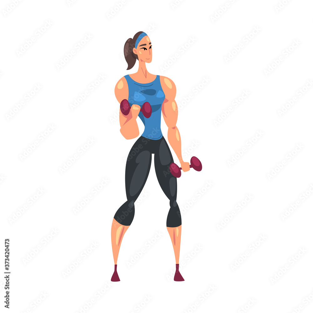 Sportive Woman Exercising with Dumbbells, Girl Doing Physical Workout in Gym or Home, Healthy Lifestyle Concept Cartoon Style Vector Illustration Sportive Woman Exercising with Dumbbells, Girl Doing Physical Workout in Gym or Home, Healthy Lifestyle Concept Cartoon Style Vector Illustration