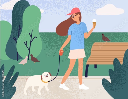 Happy girl holding ice cream walking with dog at summer park vector flat illustration. Joyful owner and domestic animal enjoying promenade outdoor. Cheerful female and pet spending time together