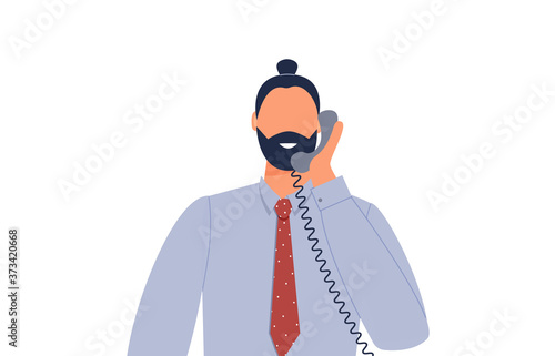 Online support consultant answering questions from consumers by telephone.Hipster young man holding landline phone.Businessman can easily solve problems over phone.Vector cartoon flat illustration